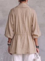 Women's Solid Color Large Lapel 3/4 Sleeve Casual Loose Drawstring Cotton And Linen Cardigan