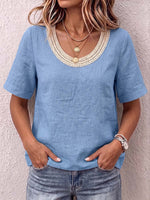Women's Solid Color Round Neck Short-sleeved Cotton And Linen Top With Lace Trim