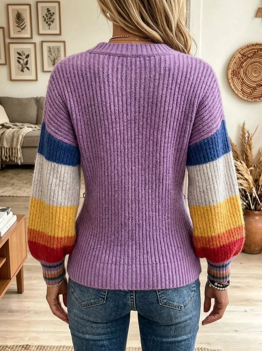 Women's Rainbow Striped Double-Breasted Knit Cardigan
