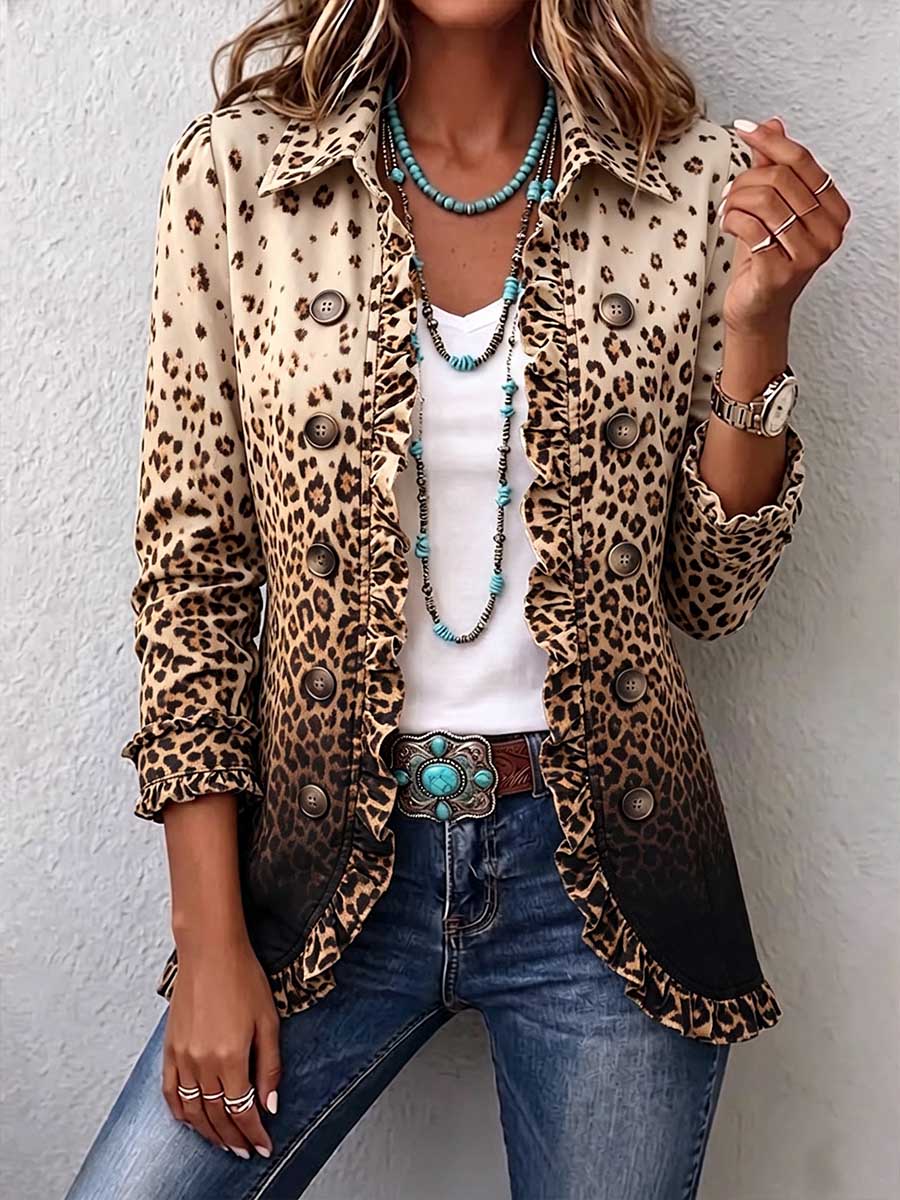Women's Gradient Leopard Print Shirt Collar Long Sleeve Casual Loose Cotton Cardigan