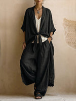 Bohemian-style Linen And Cotton Two-piece Set: Long Cardigan And Trousers