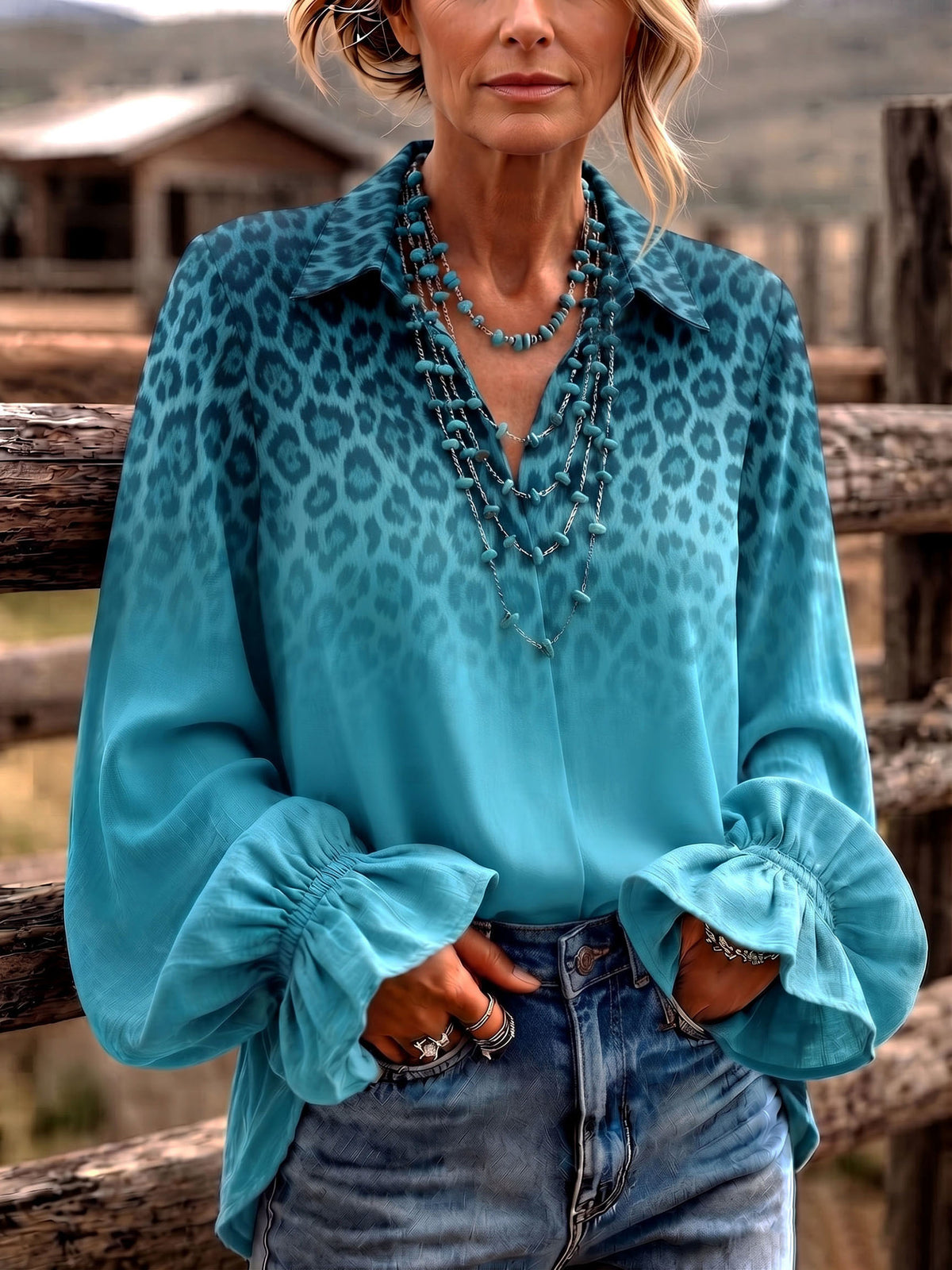 Bohemian-chic Gradient Leopard Print Ruffle Blouse With Bell Sleeves