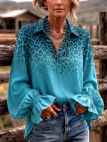 Bohemian-chic Gradient Leopard Print Ruffle Blouse With Bell Sleeves