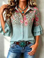 Boho Floral & Leopard Ruffled Button-down Three-quarter Sleeves Shirt