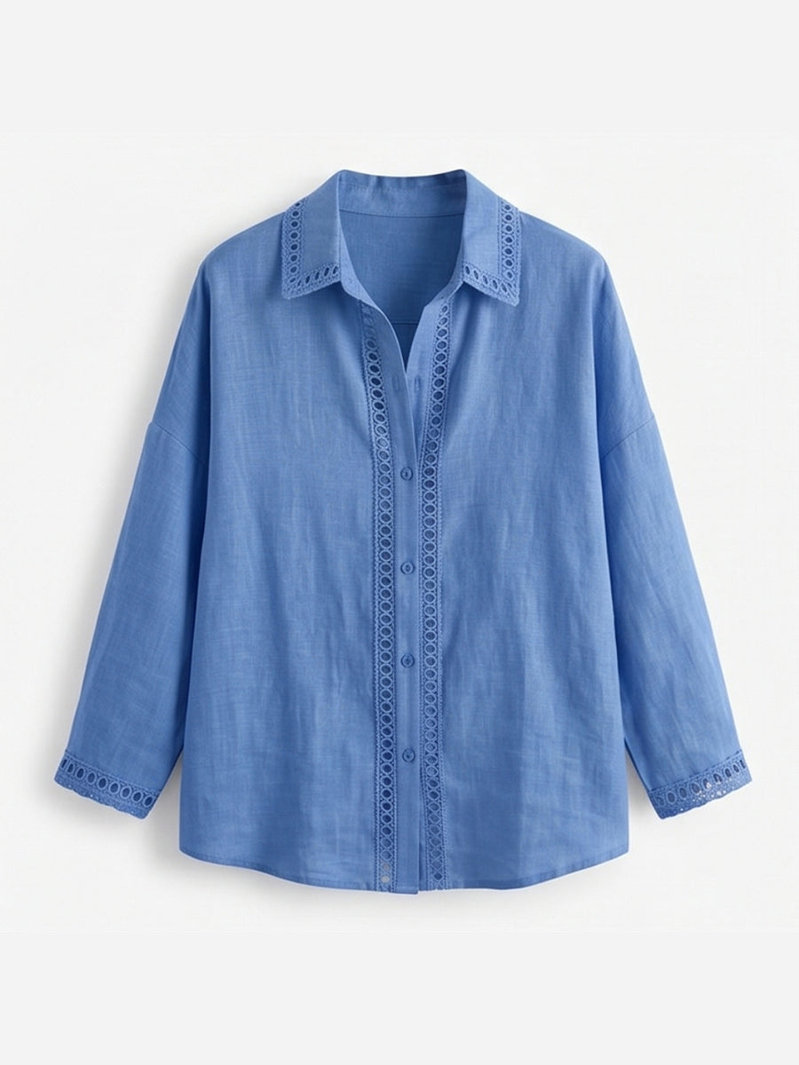 Casual Long-sleeve Linen-cotton Shirt With Spliced cutout Webbing