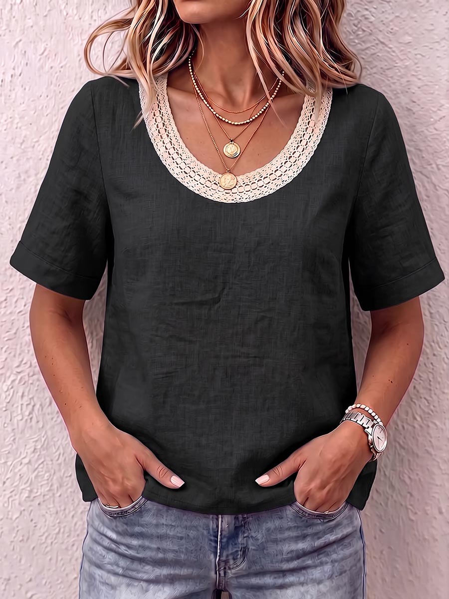Women's Solid Color Round Neck Short-sleeved Cotton And Linen Top With Lace Trim