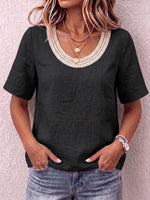 Women's Solid Color Round Neck Short-sleeved Cotton And Linen Top With Lace Trim