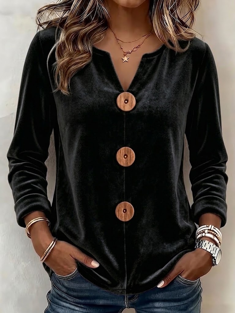 V-neck Button-front Long-sleeve Velvet Top