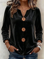 V-neck Button-front Long-sleeve Velvet Top