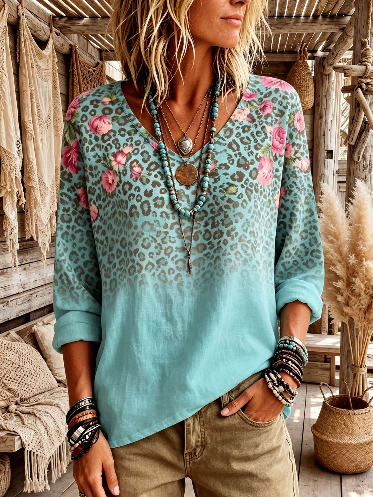 Boho Floral Leopard V-neck Top