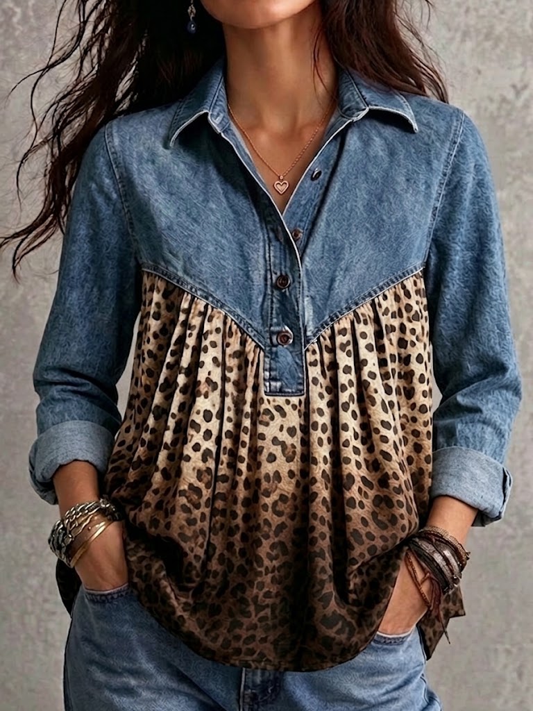 Women's Long-sleeve Denim Shirt With Gradient Leopard Print Paneling