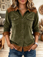 Women's Contrast Corduroy Button Down Shirt with Pockets Long Sleeve Western Top