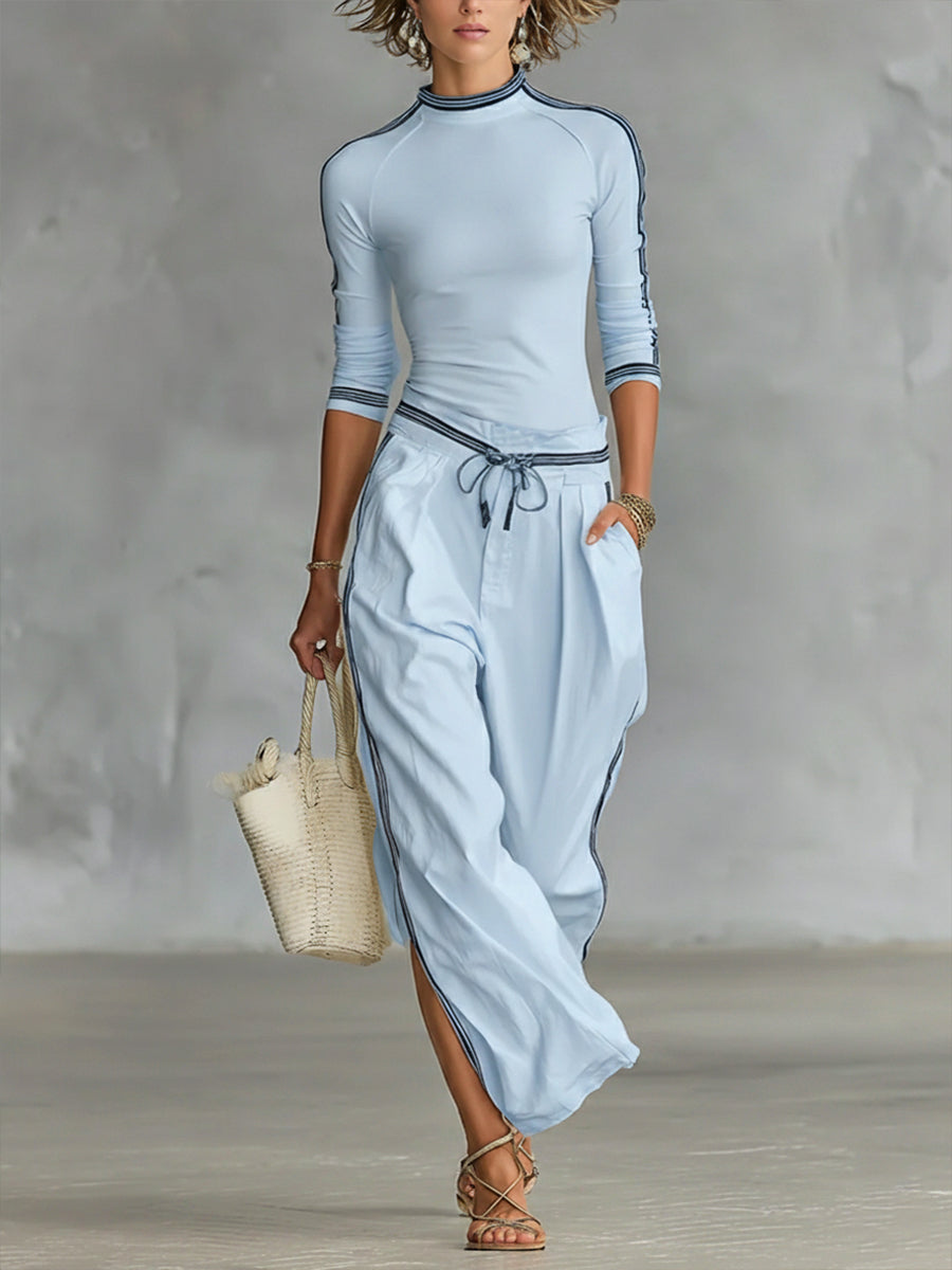 Cozy Stretch Knit Top And Cotton Trousers Two-piece Set
