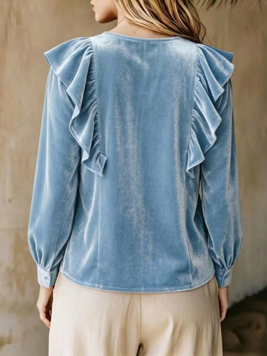Cozy, Relaxed-fit Ruffled V-neck Velvet Top