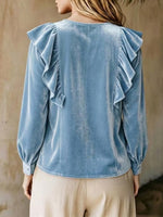 Cozy, Relaxed-fit Ruffled V-neck Velvet Top