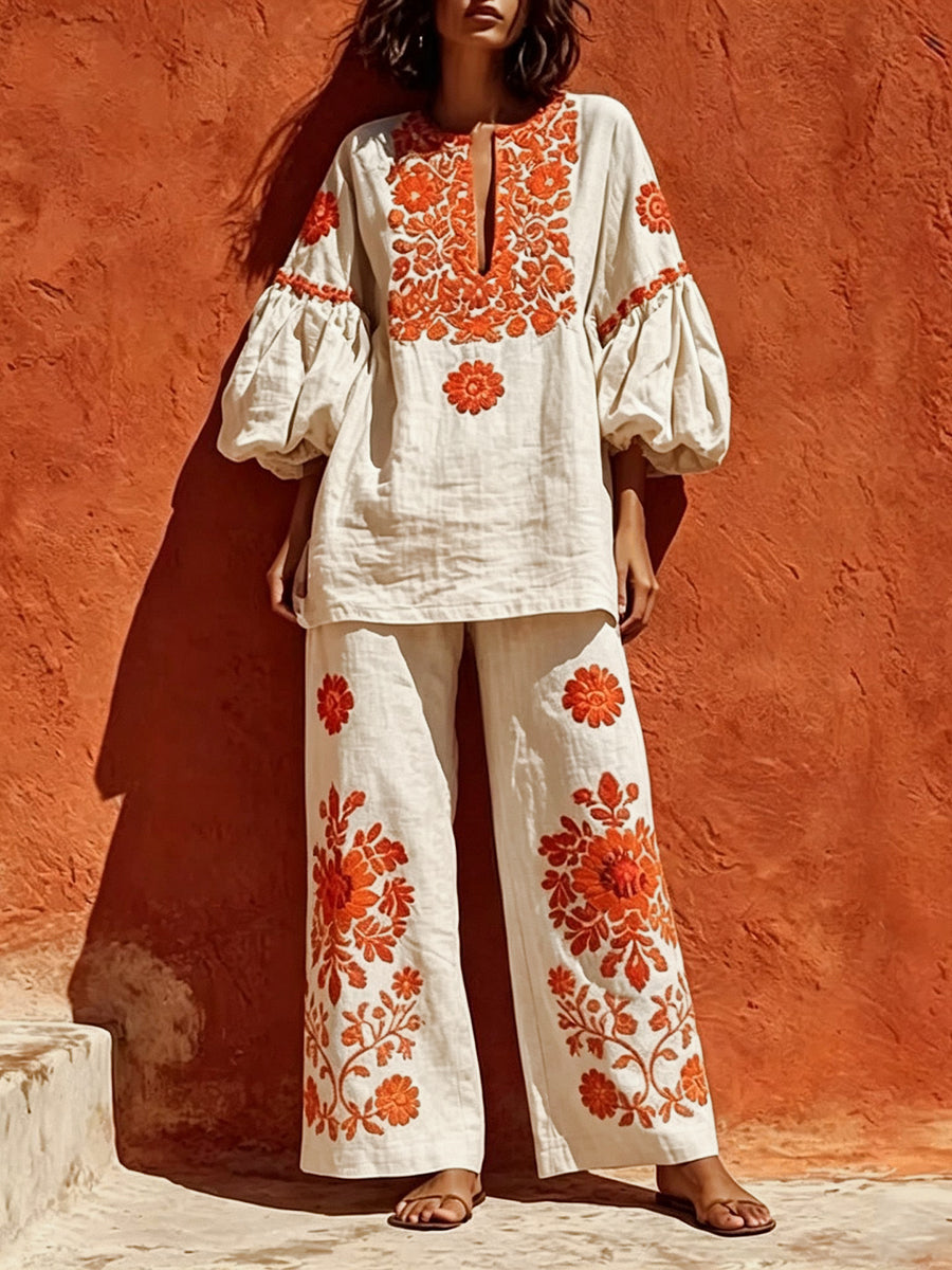 Loose And Cozy Linen-cotton Tunic And Trousers Two-piece Set