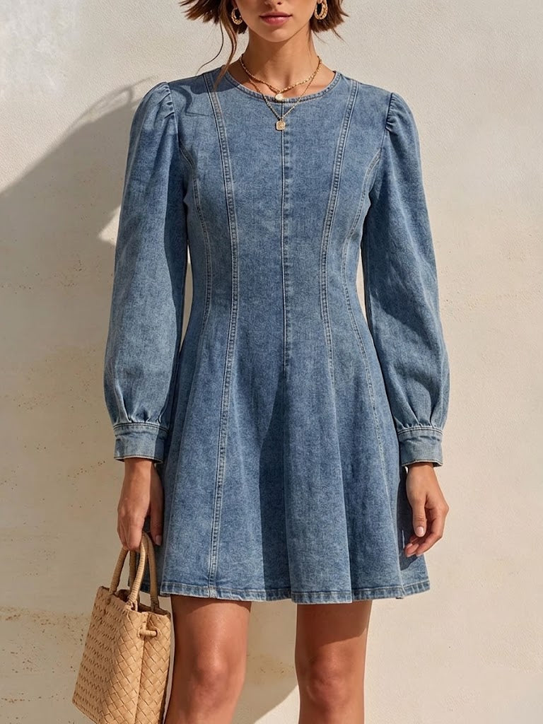 Vintage-style Long-sleeve A-line Denim Dress With A Round Neck And Waist-cinching, Slimming Fit