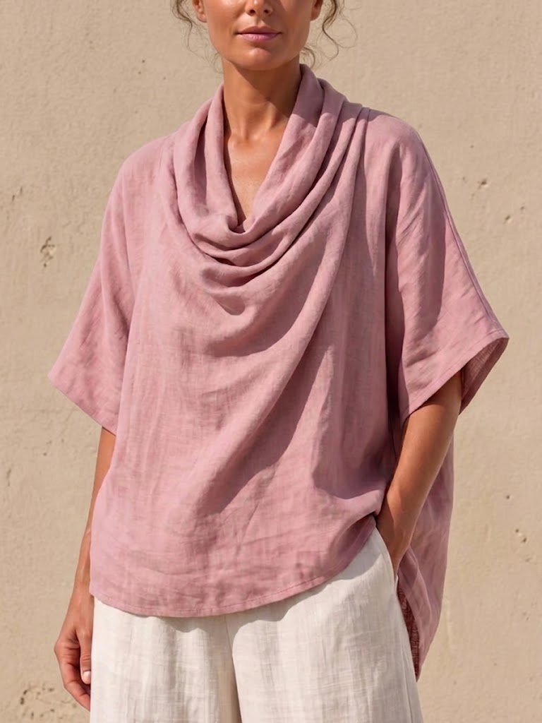 Drape-neck Linen-blend Loose-fit Drop-shoulder Top