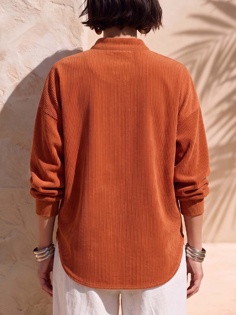 Women's Solid Color Stand Collar Long-sleeved Casual Loose Corduroy Top