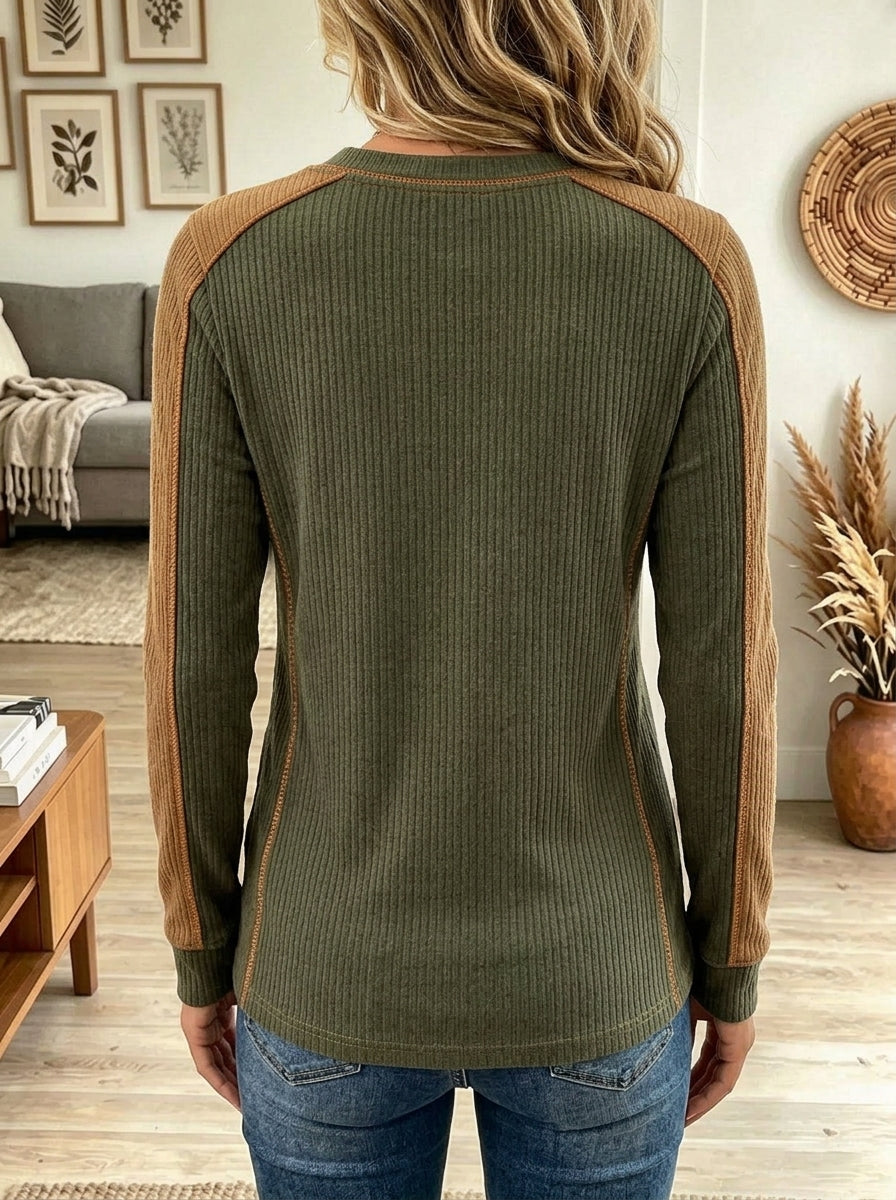 Women's Color Block Henley Ribbed Long Sleeve Top, Raglan Sleeve Casual Knit Shirt