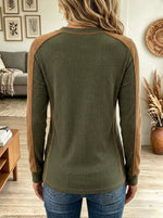 Women's Color Block Henley Ribbed Long Sleeve Top, Raglan Sleeve Casual Knit Shirt