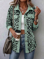 Contrast Rib Collar Leopard Print Corduroy Long Sleeve Shirt Jacket
