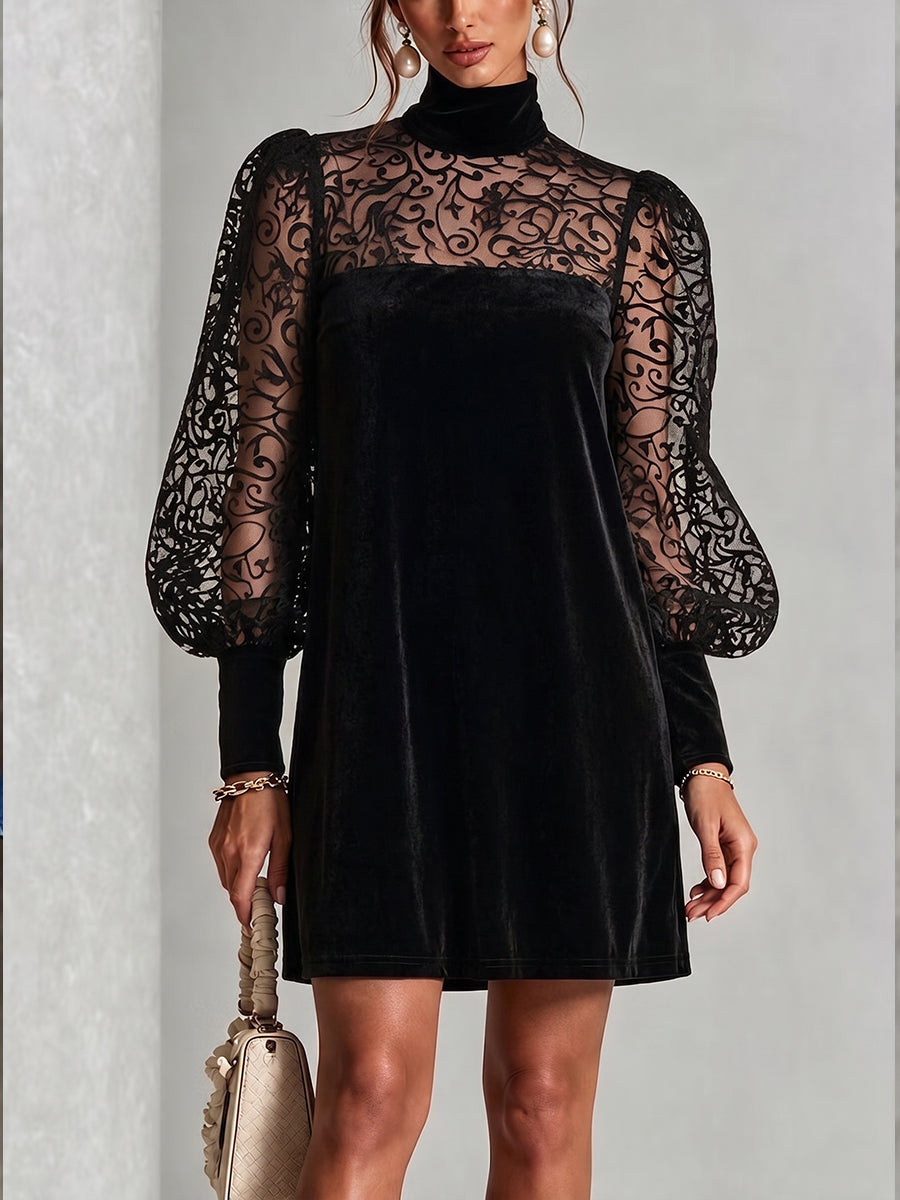 Elegant Velvet & Sheer Lace Mock Neck Dress