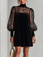 Elegant Velvet & Sheer Lace Mock Neck Dress