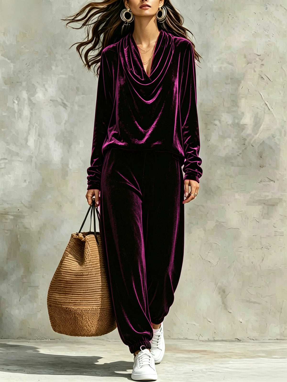 Comfortable And Casual Velvet Cowl-neck Top And Trousers Two-piece Set
