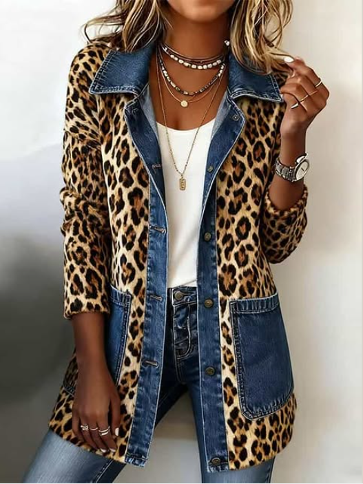 Boho Leopard Print Denim Panel Contrast Casual Longline Jacket