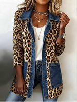 Boho Leopard Print Denim Panel Contrast Casual Longline Jacket