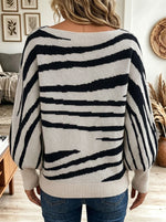 Irregular Stripe Boat Neck Lantern Sleeve Knit Sweater