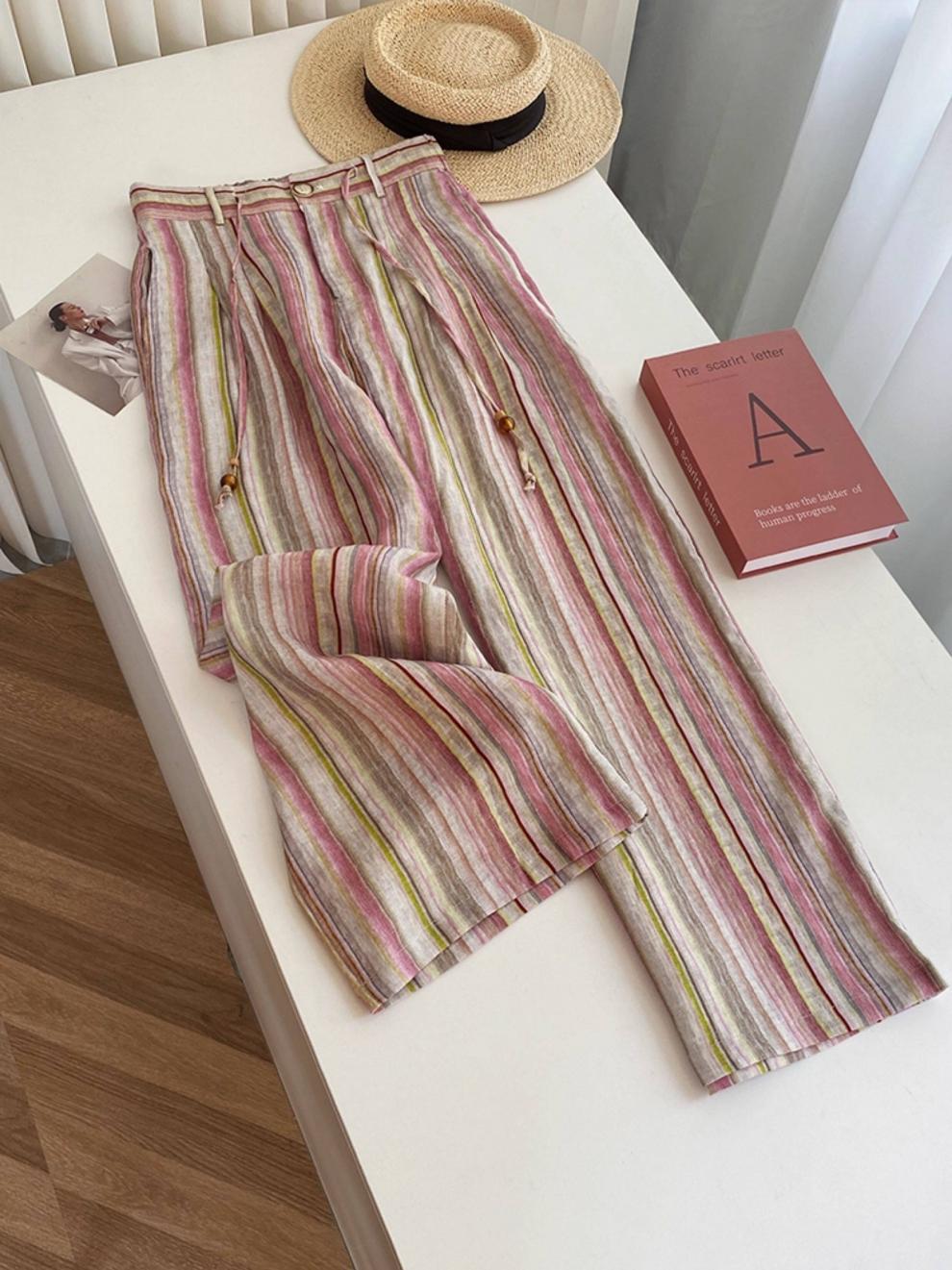 Casual Art-style Striped Linen-cotton Trousers