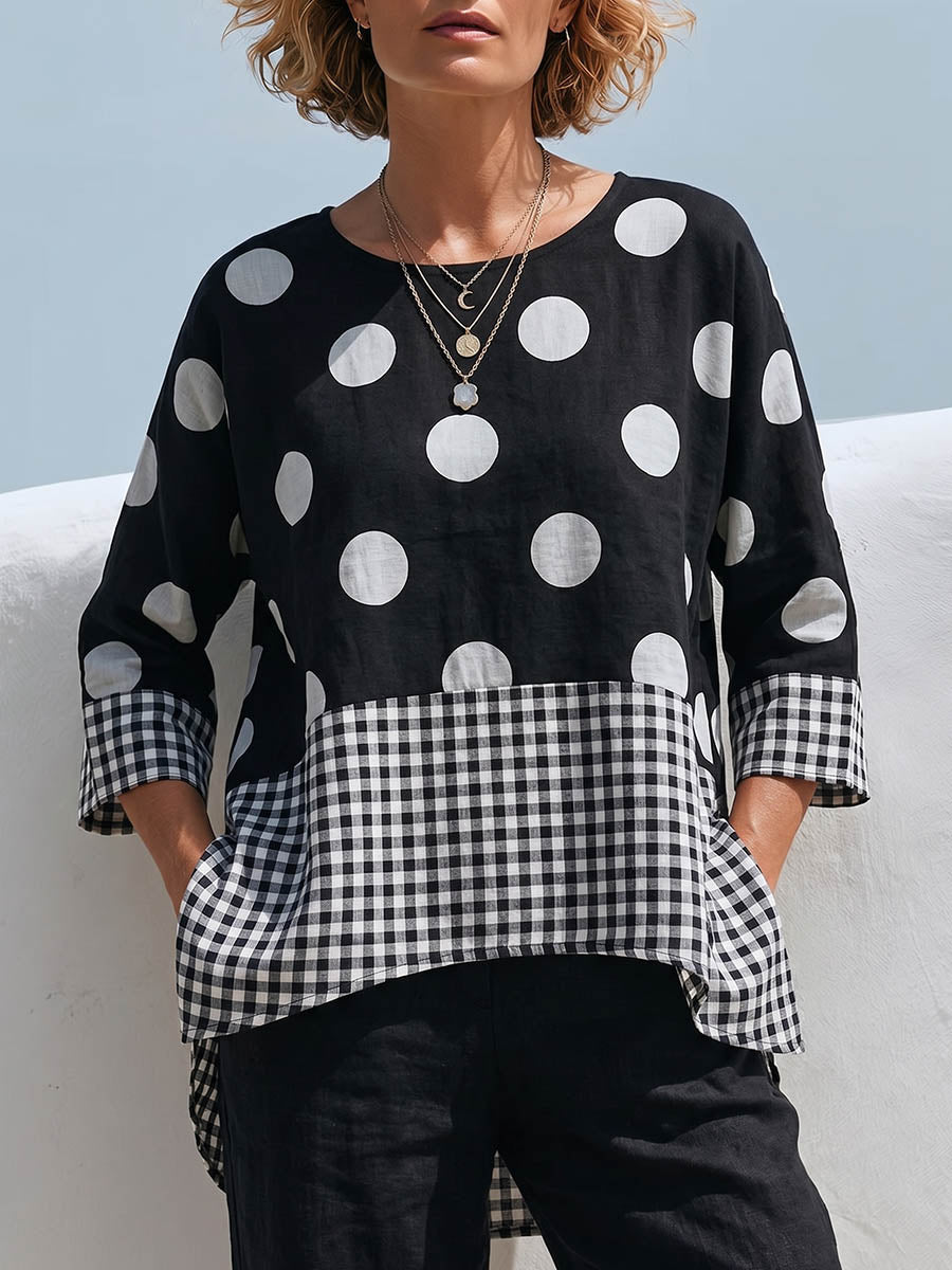 Women's Casual Loose Cotton-linen Top With Polka-dot And Plaid Panel Prints, Crew Neck, And 3/4 Sleeves