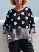 Women's Casual Loose Cotton-linen Top With Polka-dot And Plaid Panel Prints, Crew Neck, And 3/4 Sleeves