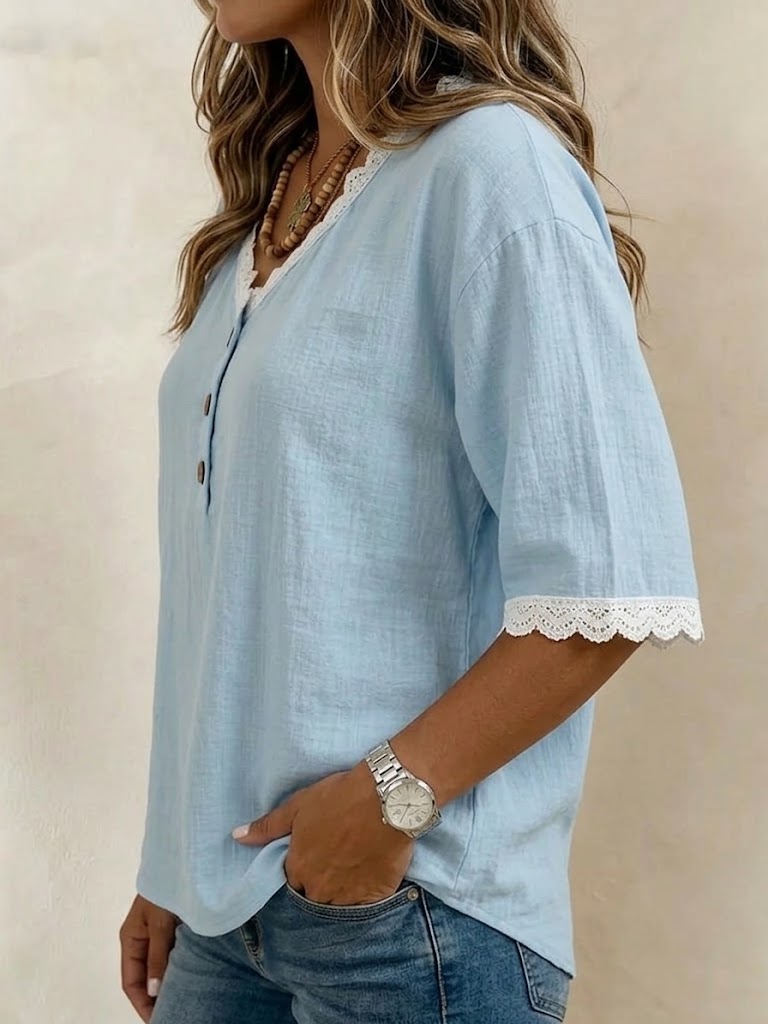 Lace Trim V-neck Half Placket Wooden Button Loose 3/4 Sleeve Linen Blend Top