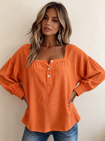 Cozy Chic Textured Orange Corduroy Square-neck Blouse