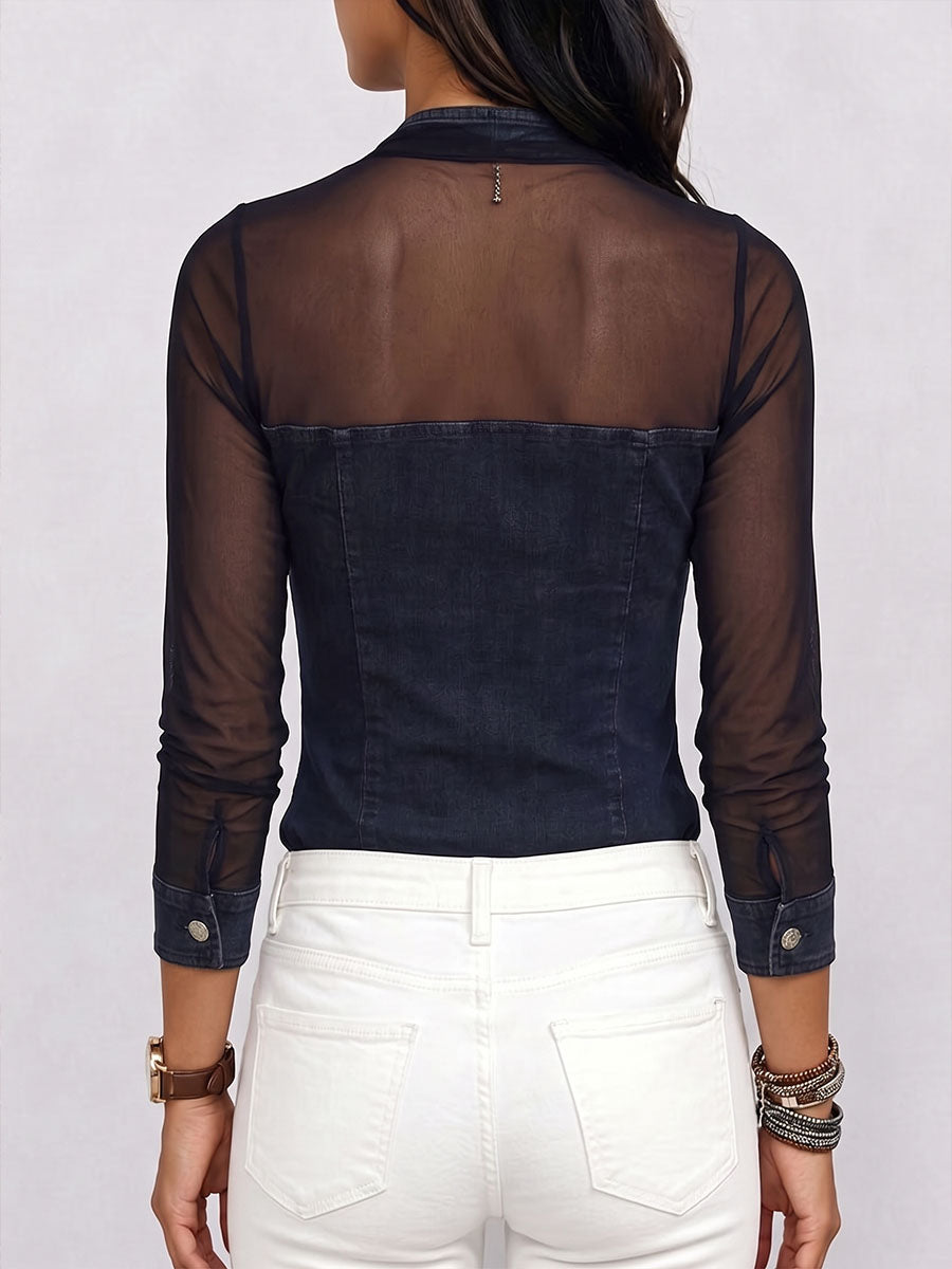 Women's V-neck Long-sleeved Denim Patchwork Mesh Top