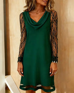 Elegant Cowl Neck Cotton-blend Dress With Lace Inserts
