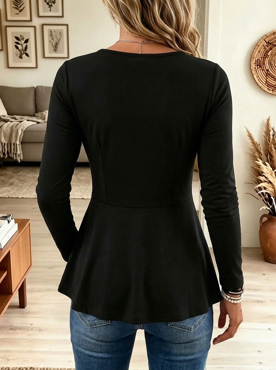 Black Sweetheart Neck Floral Metal Button Peplum Long Sleeve Top