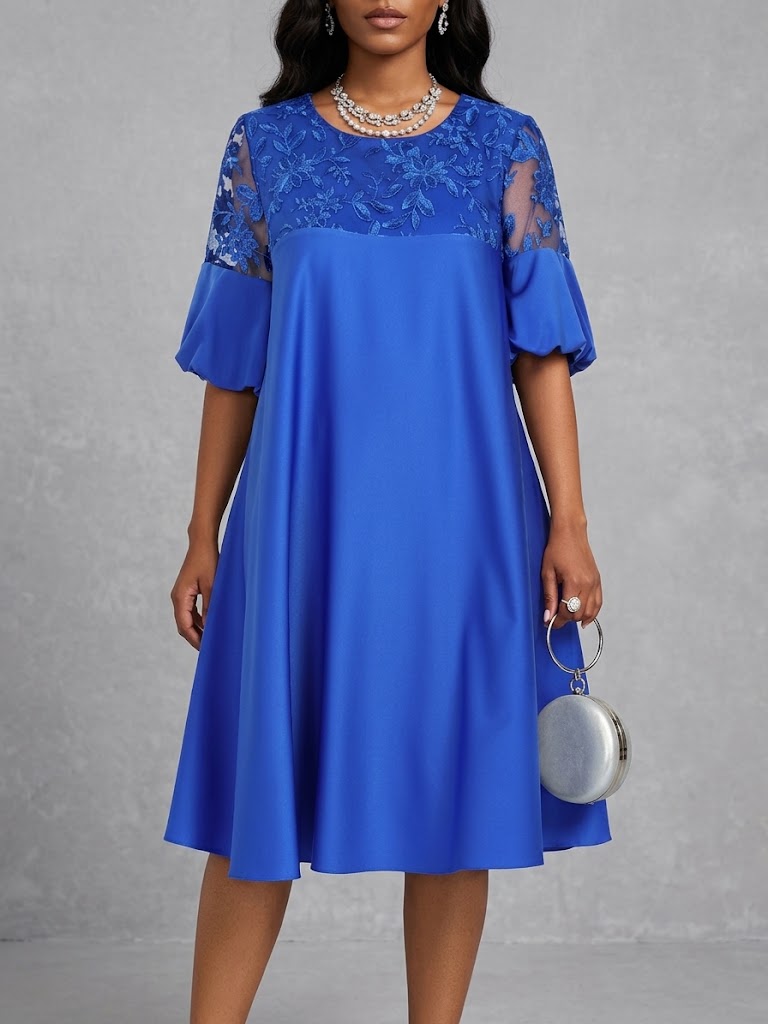 Elegant Yet Casual Solid-color Dress Featuring Embroidery, Paneling, A Round Neck, And Lantern Sleeves.