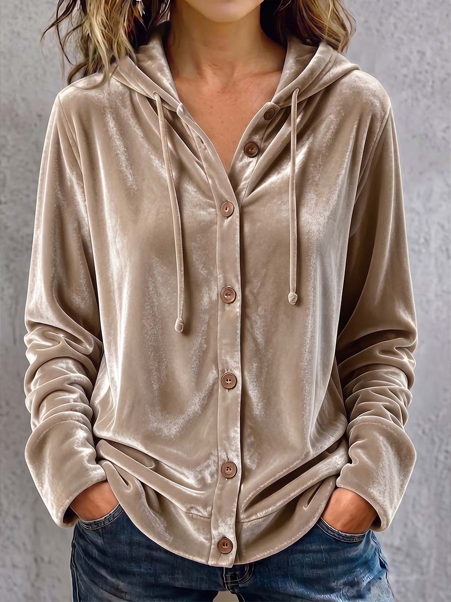 Women's Solid Color Long-sleeved Casual Loose Velvet Hooded Cardigan