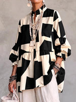 Women's Geometric Print Stand Collar 3/4 Sleeve Casual Loose Cotton Linen Top