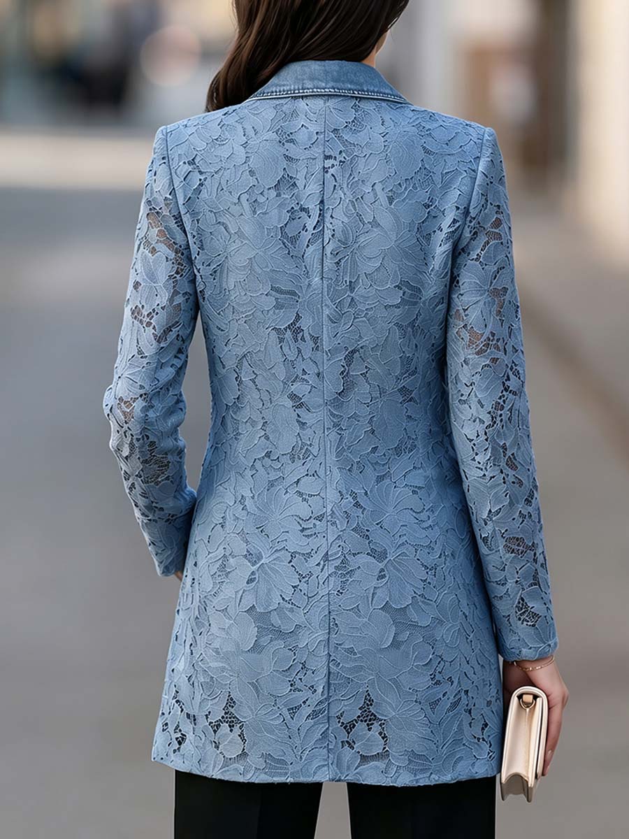 Women's Long-sleeved Denim Patchwork Lace Jacket With Lapel
