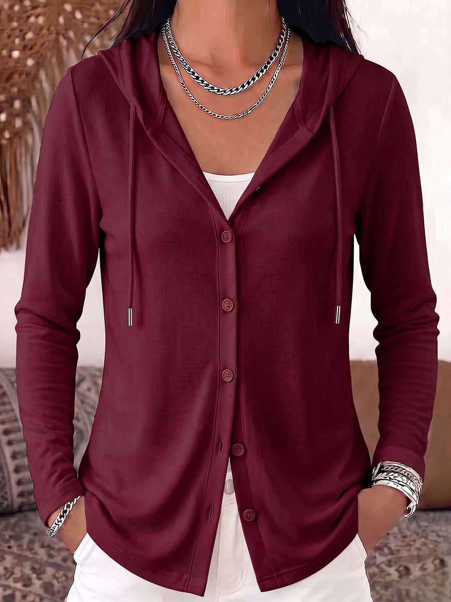 Women's Solid Color Long-sleeved Casual Loose Hooded Pure Cotton Cardigan