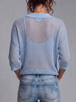 Women's Solid Color Pullover Collared 3/4 Sleeve Casual Loose Mesh Top