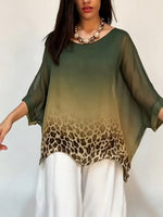 Women's Gradient Printed Crew Neck 3/4 Batwing Sleeve Casual Loose Chiffon Top