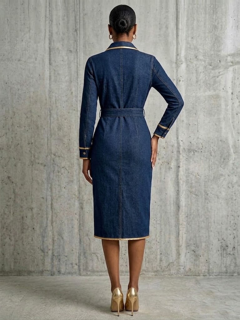 Exquisite And Elegant Denim Shirt Dress With Gold Piping.