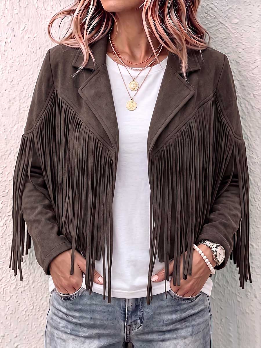 Women's Solid Color Lapel Long-sleeved Casual Loose Tassel Jacket