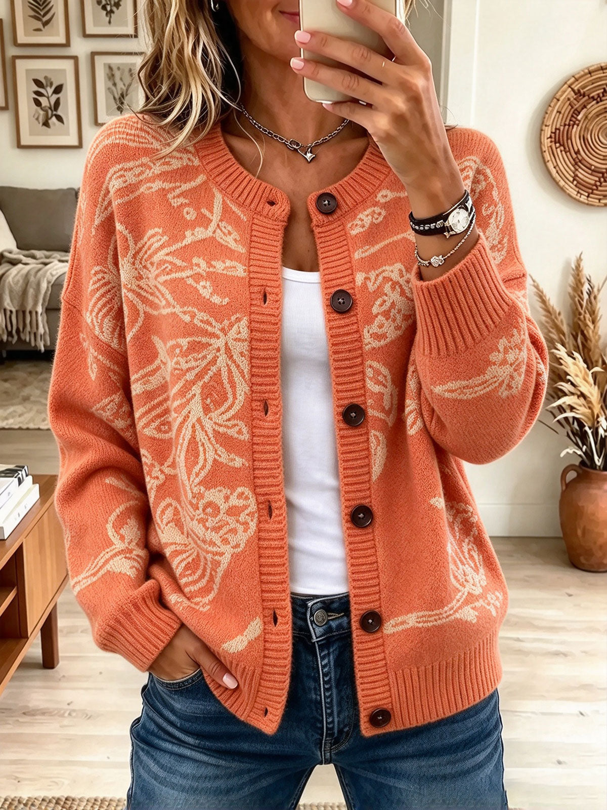 Round Neck Floral Pattern Knit Cardigan with Buttons